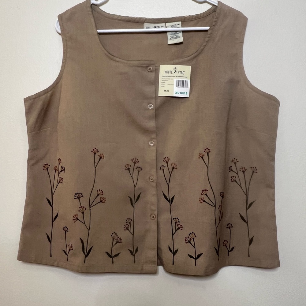 White Stag Tan Sleeveless Boxy embroidered linen Y2K